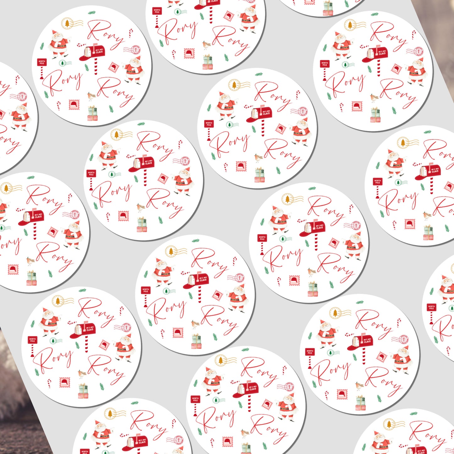 Circular stickers with santa claus deisgn on a white background