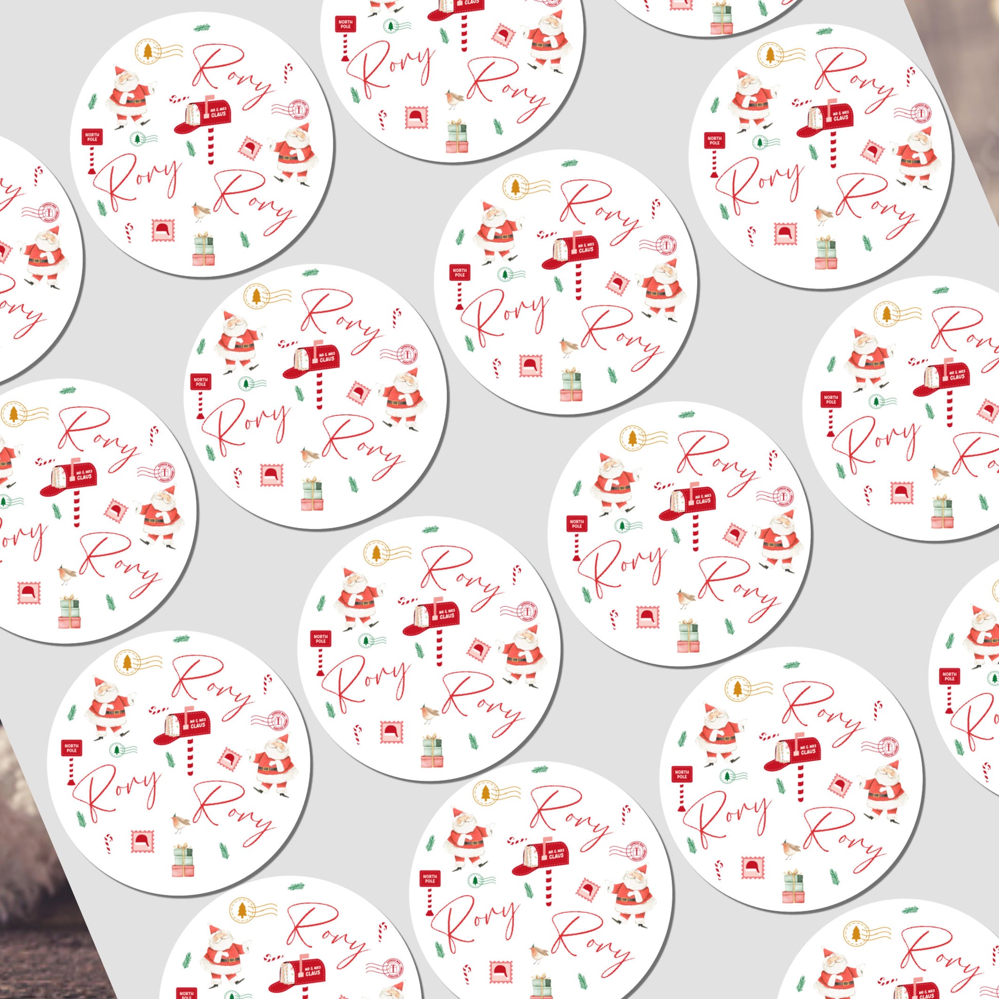 Circular stickers with santa claus deisgn on a white background
