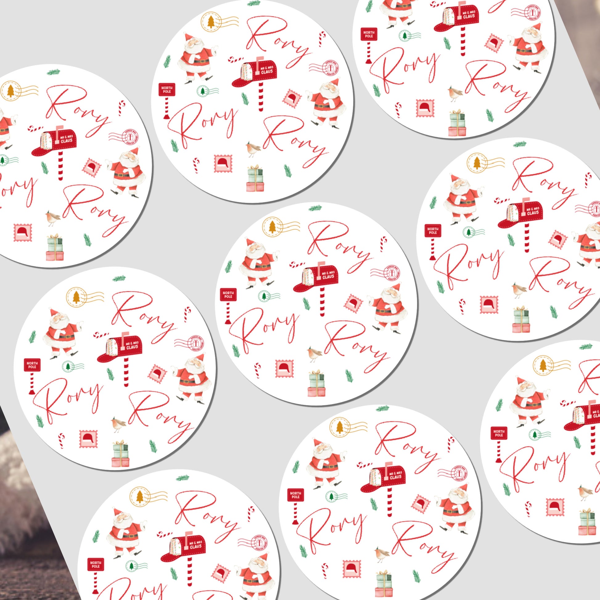 Circular stickers with santa claus design on a white background