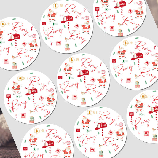 Circular stickers with santa claus design on a white background