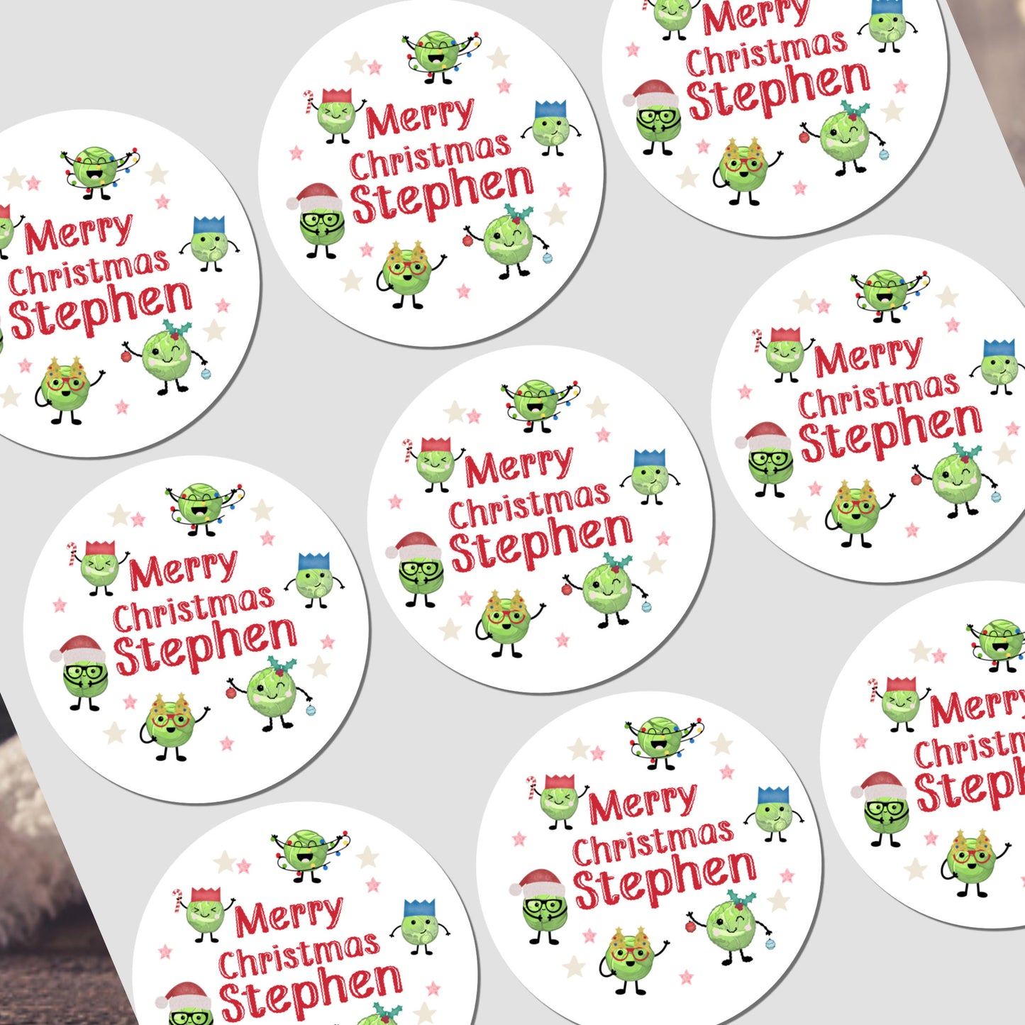 Personalized Christmas stickers with cartoon characters of brussels sprouts and 'Merry Christmas  text on a white background.