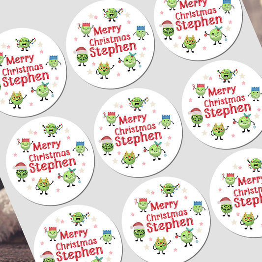 Personalized Christmas stickers with cartoon characters of brussels sprouts and 'Merry Christmas  text on a white background.