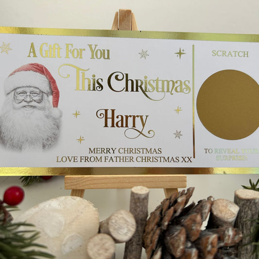 Personalised Foil Christmas Card, Surprise Reveal Scratch Off Ticket, Custom Holiday Greeting with Scratch-to-Reveal Message