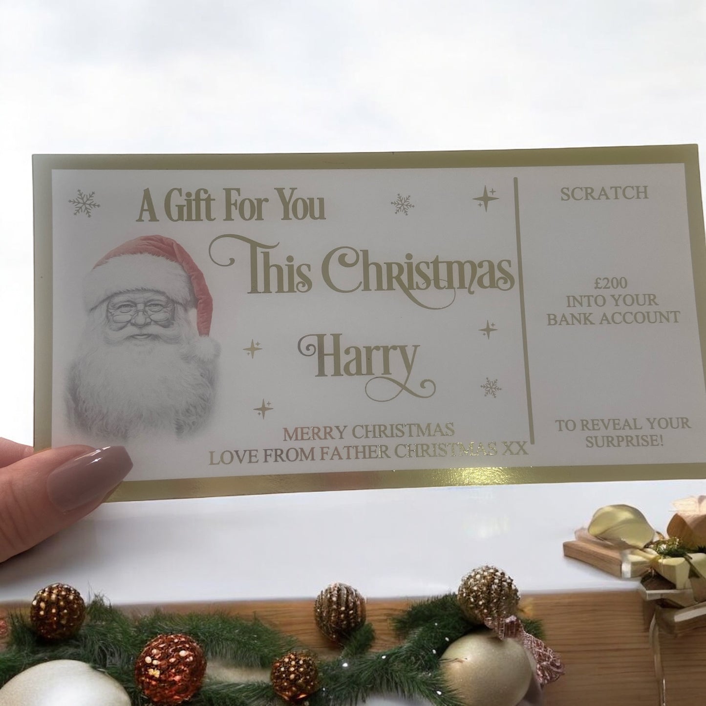 Personalised Foil Christmas Card, Surprise Reveal Scratch Off Ticket, Custom Holiday Greeting with Scratch-to-Reveal Message