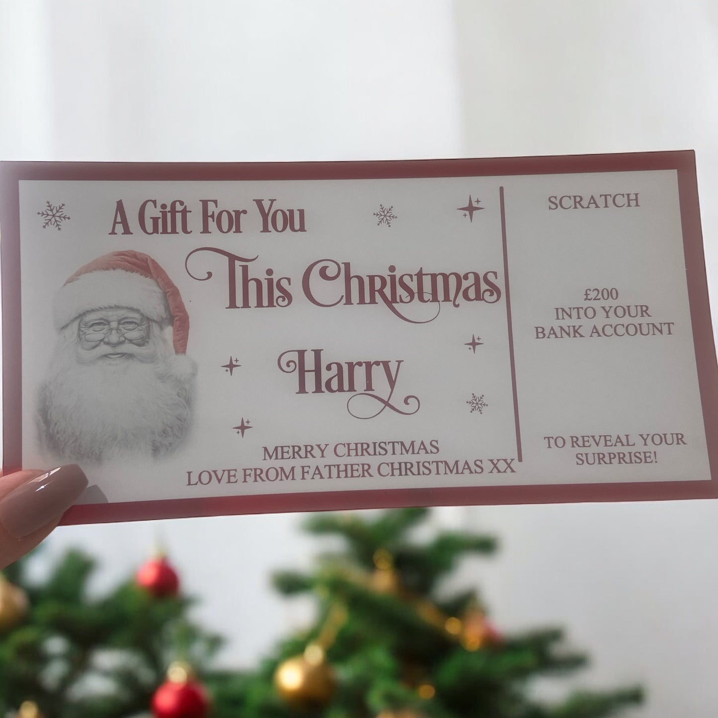 Personalised Foil Christmas Card, Surprise Reveal Scratch Off Ticket, Custom Holiday Greeting with Scratch-to-Reveal Message