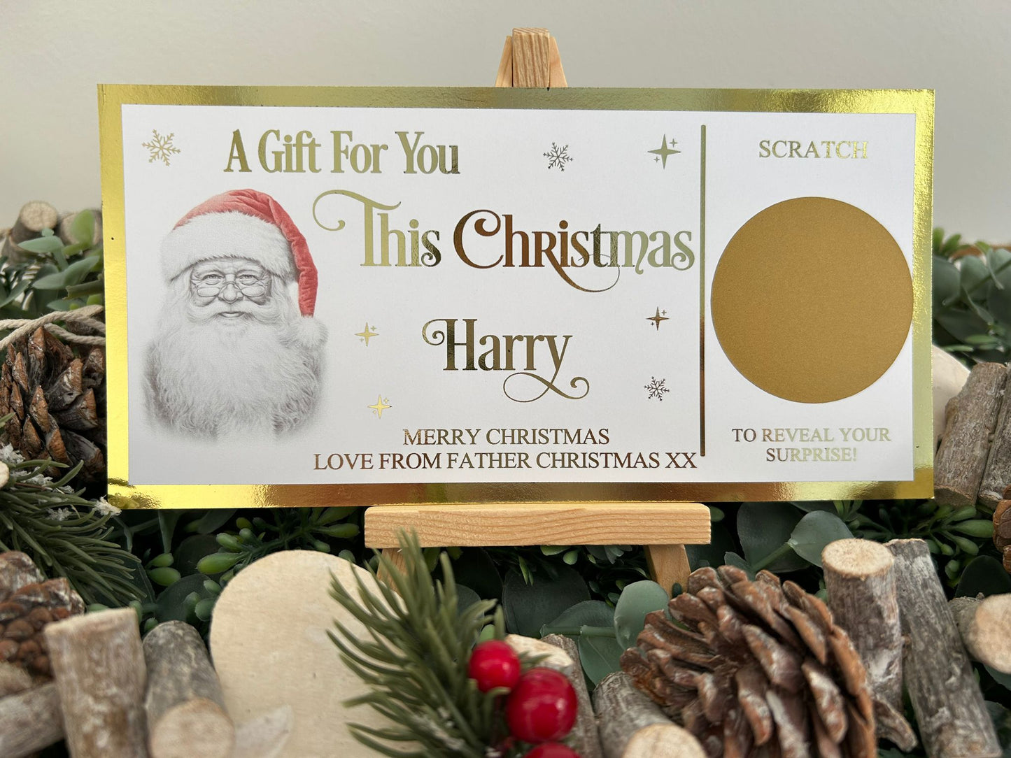 Personalised Foil Christmas Card, Surprise Reveal Scratch Off Ticket, Custom Holiday Greeting with Scratch-to-Reveal Message