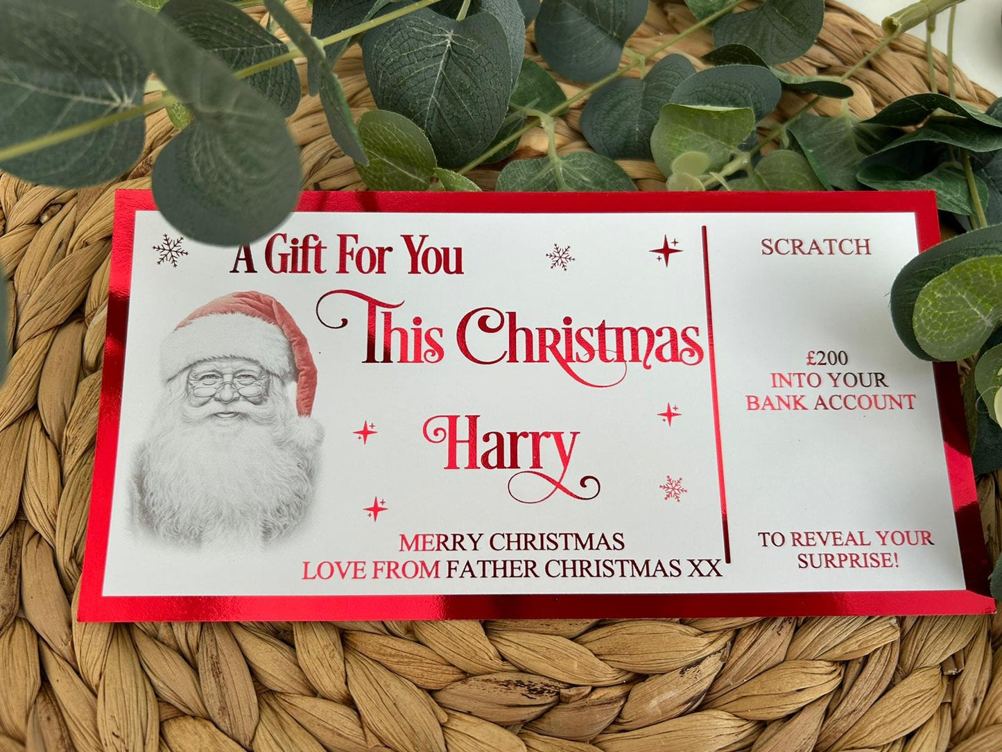 Personalised Foil Christmas Card, Surprise Reveal Scratch Off Ticket, Custom Holiday Greeting with Scratch-to-Reveal Message