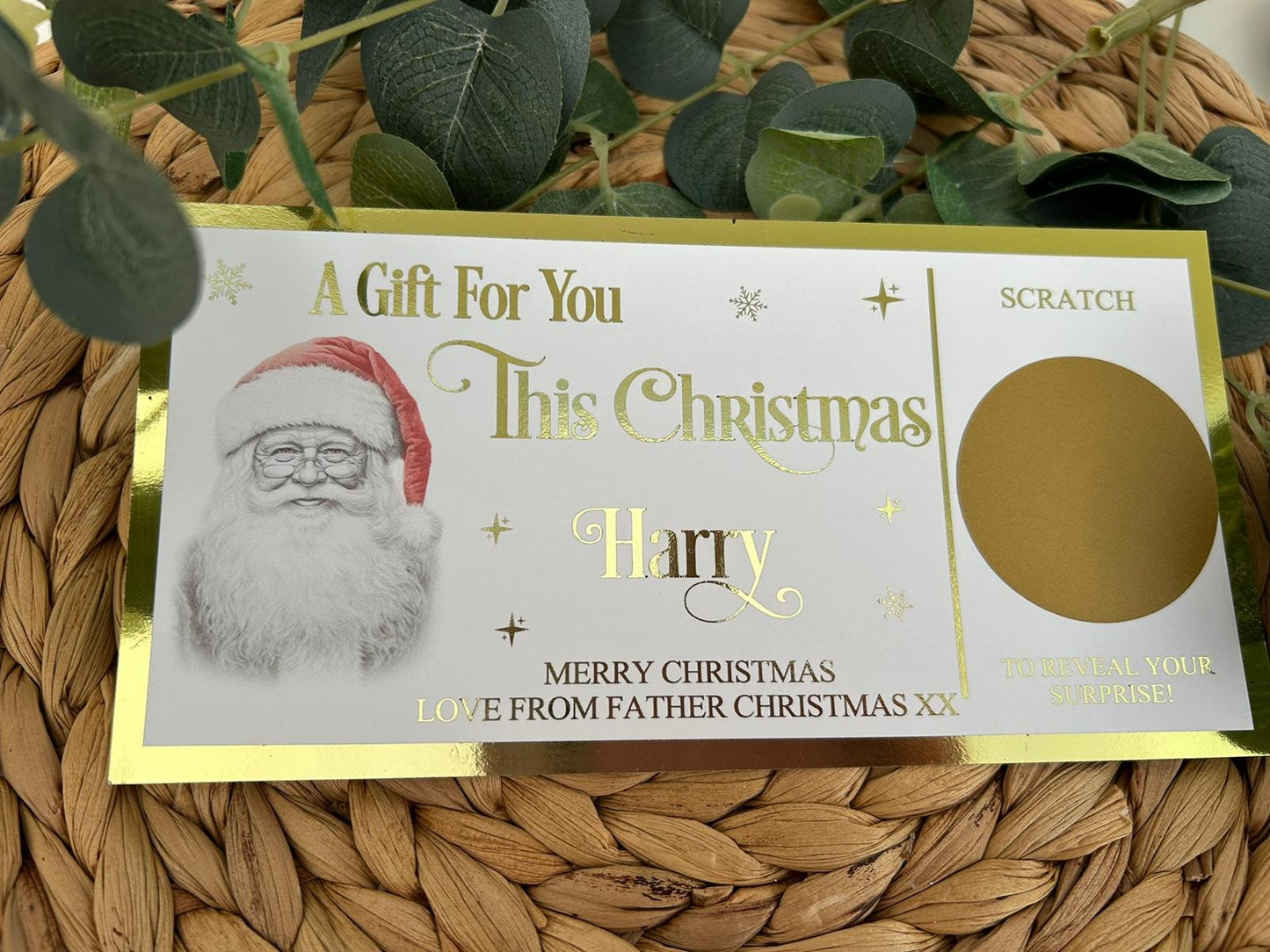 Personalised Foil Christmas Card, Surprise Reveal Scratch Off Ticket, Custom Holiday Greeting with Scratch-to-Reveal Message