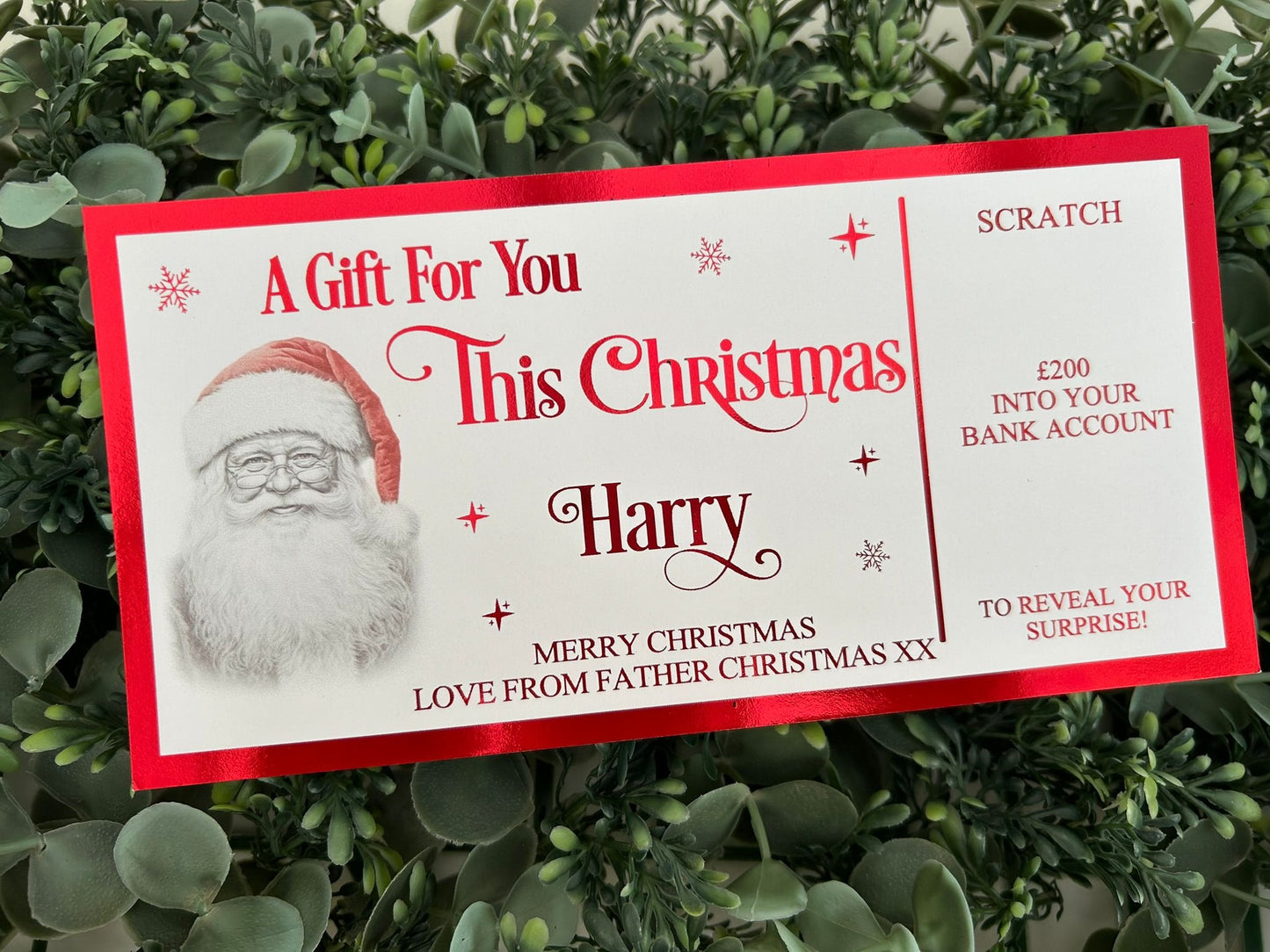 Personalised Foil Christmas Card, Surprise Reveal Scratch Off Ticket, Custom Holiday Greeting with Scratch-to-Reveal Message