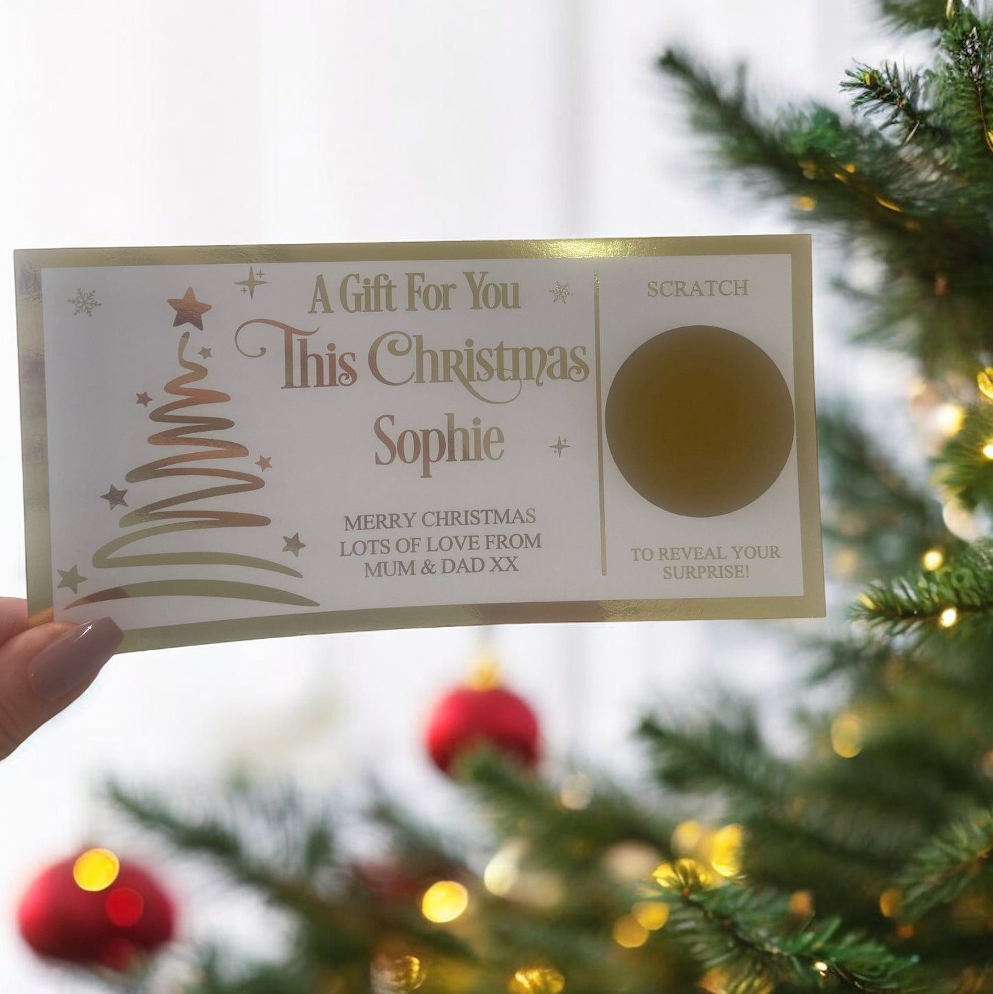 Personalised Foil Christmas Card, Surprise Reveal Scratch Off Ticket, Custom Holiday Greeting with Scratch-to-Reveal Message