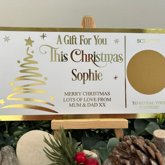 Personalised Foil Christmas Card, Surprise Reveal Scratch Off Ticket, Custom Holiday Greeting with Scratch-to-Reveal Message