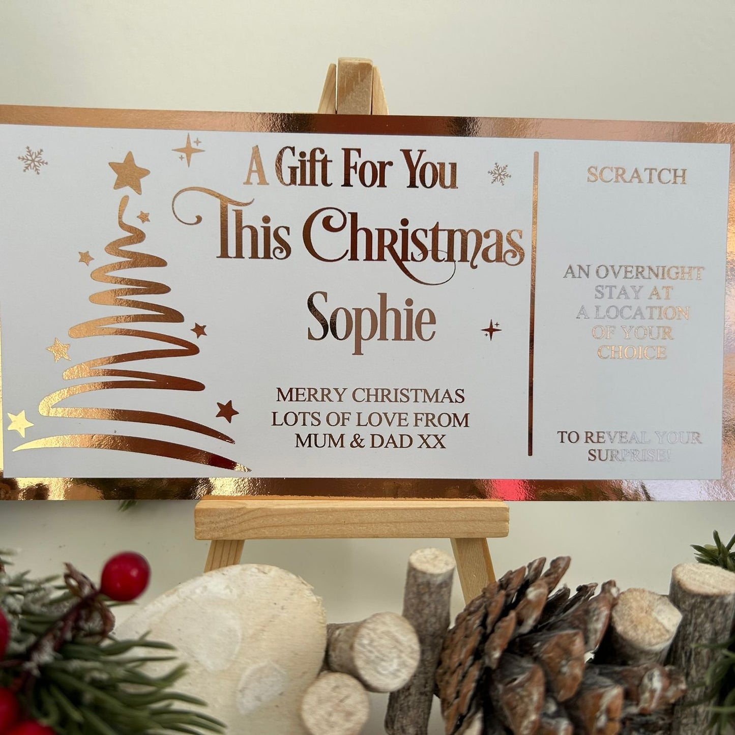 Personalised Foil Christmas Card, Surprise Reveal Scratch Off Ticket, Custom Holiday Greeting with Scratch-to-Reveal Message