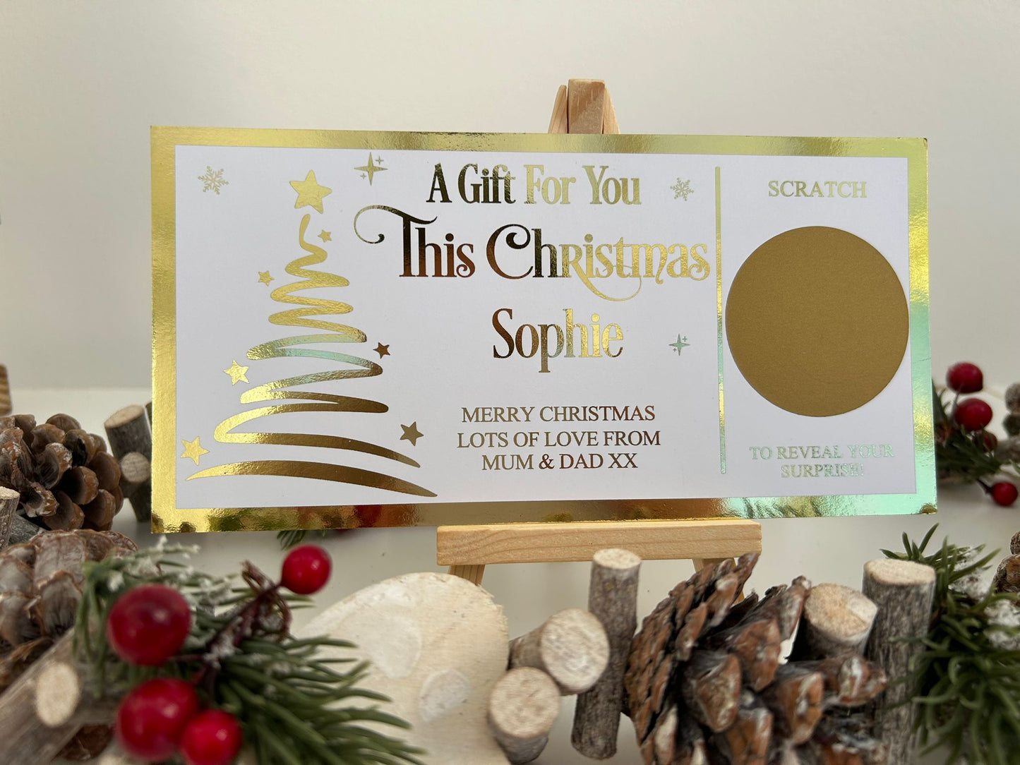 Personalised Foil Christmas Card, Surprise Reveal Scratch Off Ticket, Custom Holiday Greeting with Scratch-to-Reveal Message