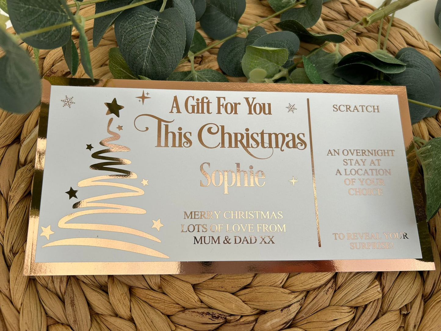 Personalised Foil Christmas Card, Surprise Reveal Scratch Off Ticket, Custom Holiday Greeting with Scratch-to-Reveal Message
