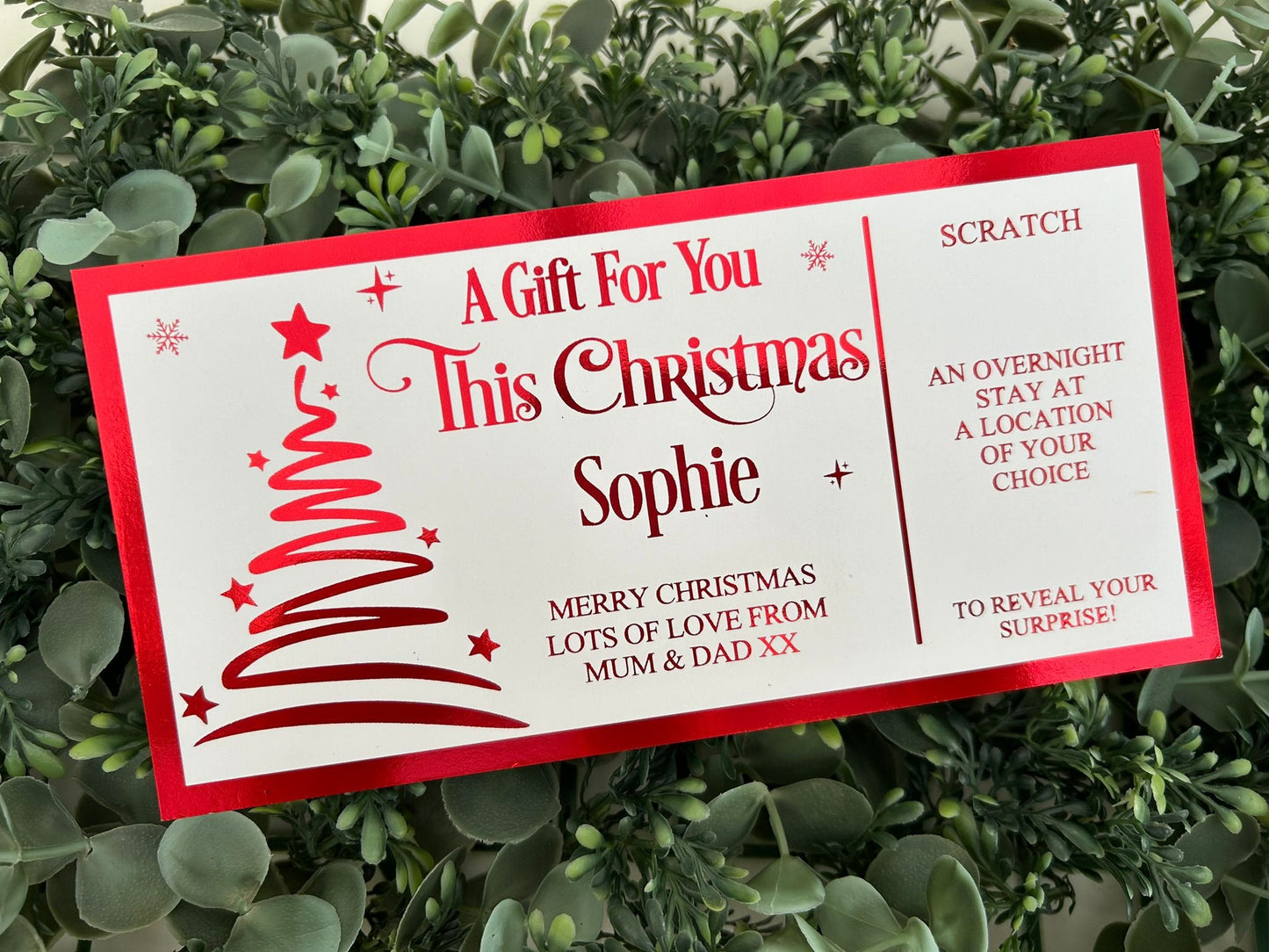 Personalised Foil Christmas Card, Surprise Reveal Scratch Off Ticket, Custom Holiday Greeting with Scratch-to-Reveal Message
