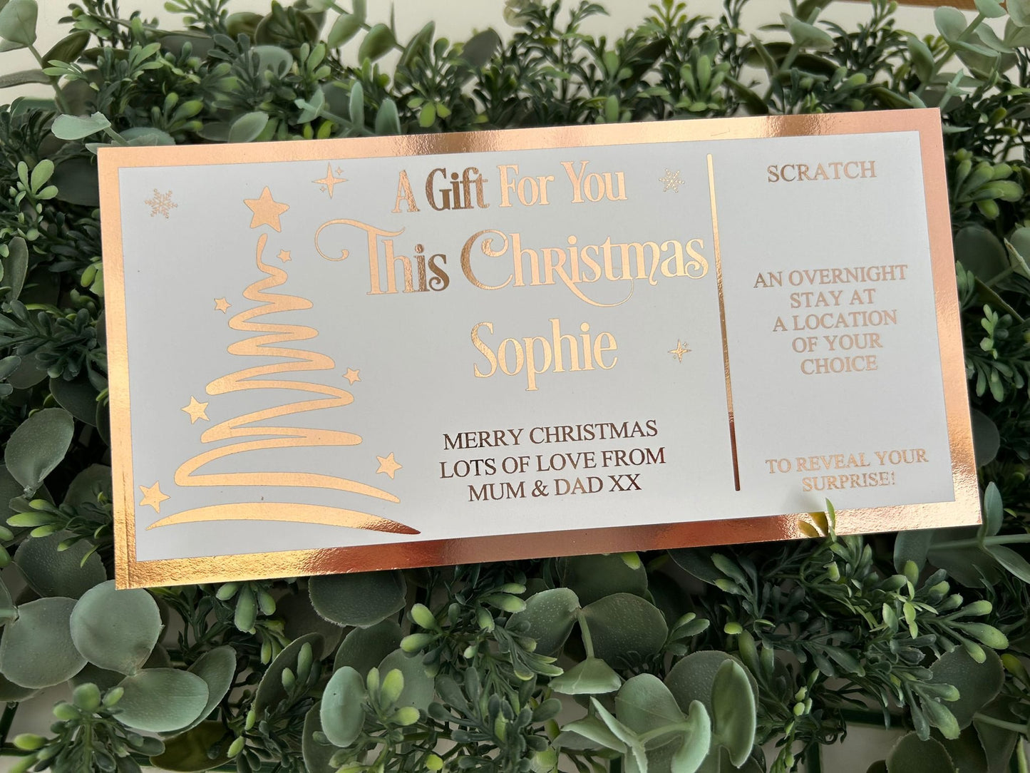 Personalised Foil Christmas Card, Surprise Reveal Scratch Off Ticket, Custom Holiday Greeting with Scratch-to-Reveal Message