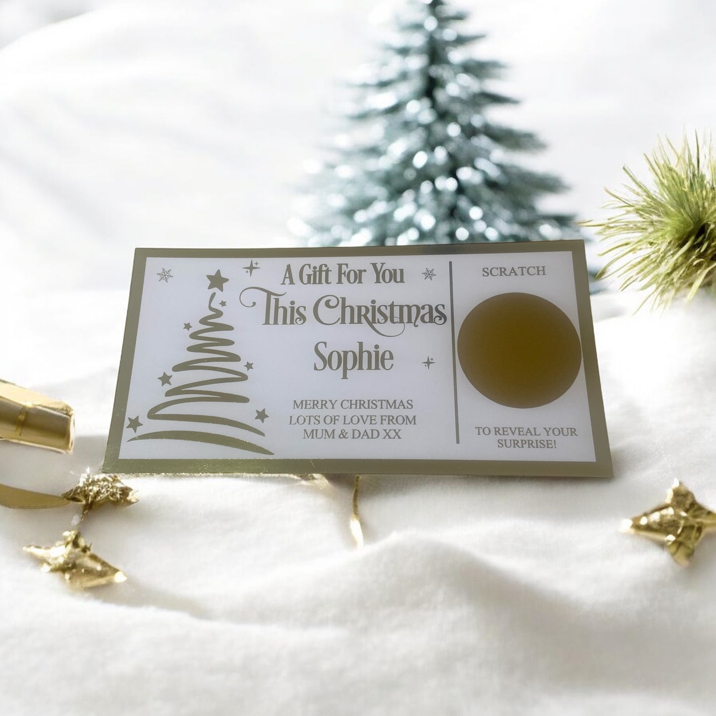 Personalised Foil Christmas Card, Surprise Reveal Scratch Off Ticket, Custom Holiday Greeting with Scratch-to-Reveal Message