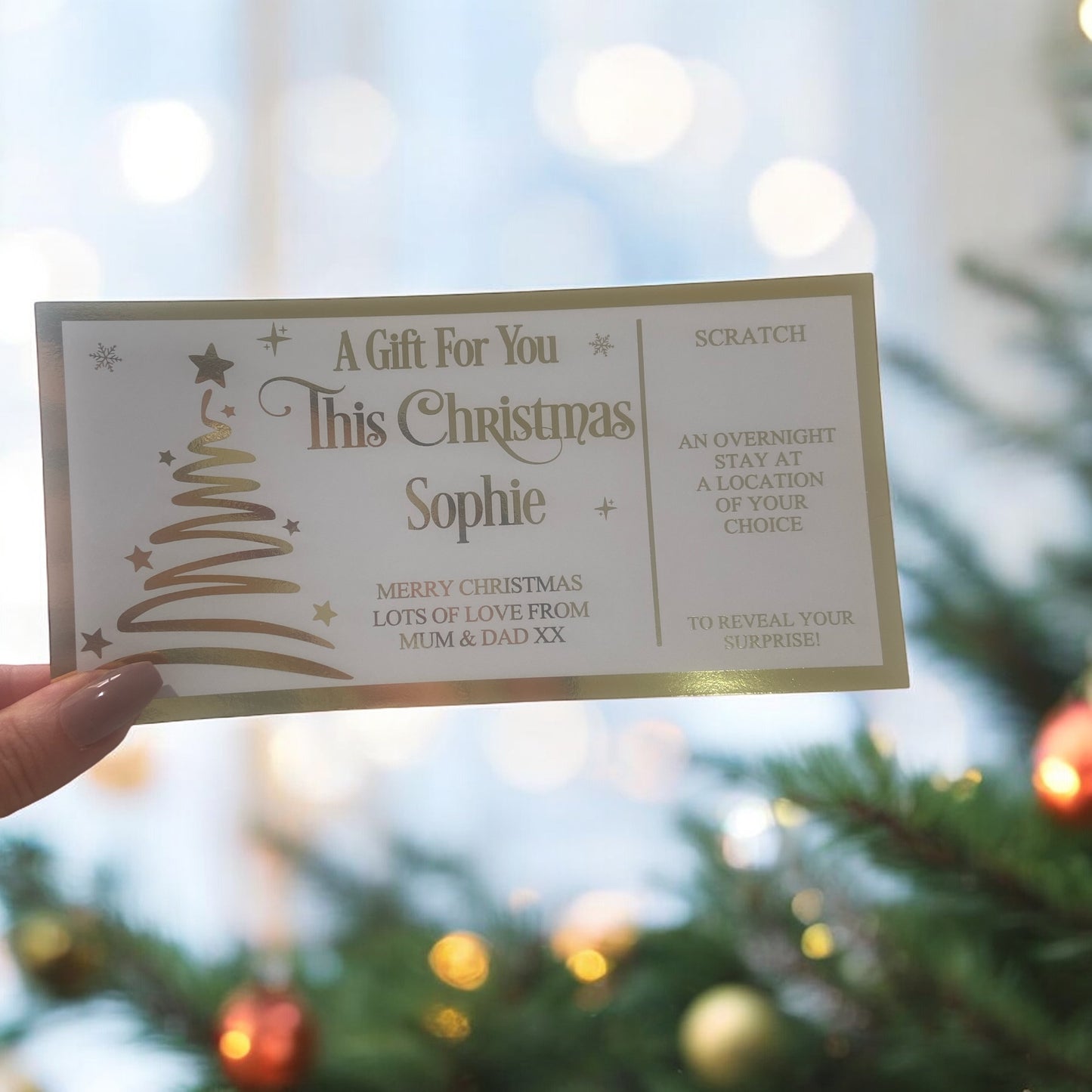 Personalised Foil Christmas Card, Surprise Reveal Scratch Off Ticket, Custom Holiday Greeting with Scratch-to-Reveal Message