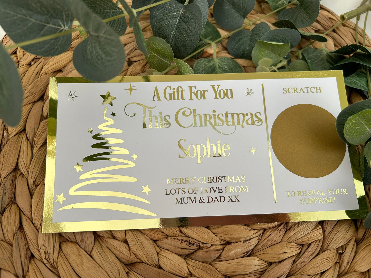 Personalised Foil Christmas Card, Surprise Reveal Scratch Off Ticket, Custom Holiday Greeting with Scratch-to-Reveal Message