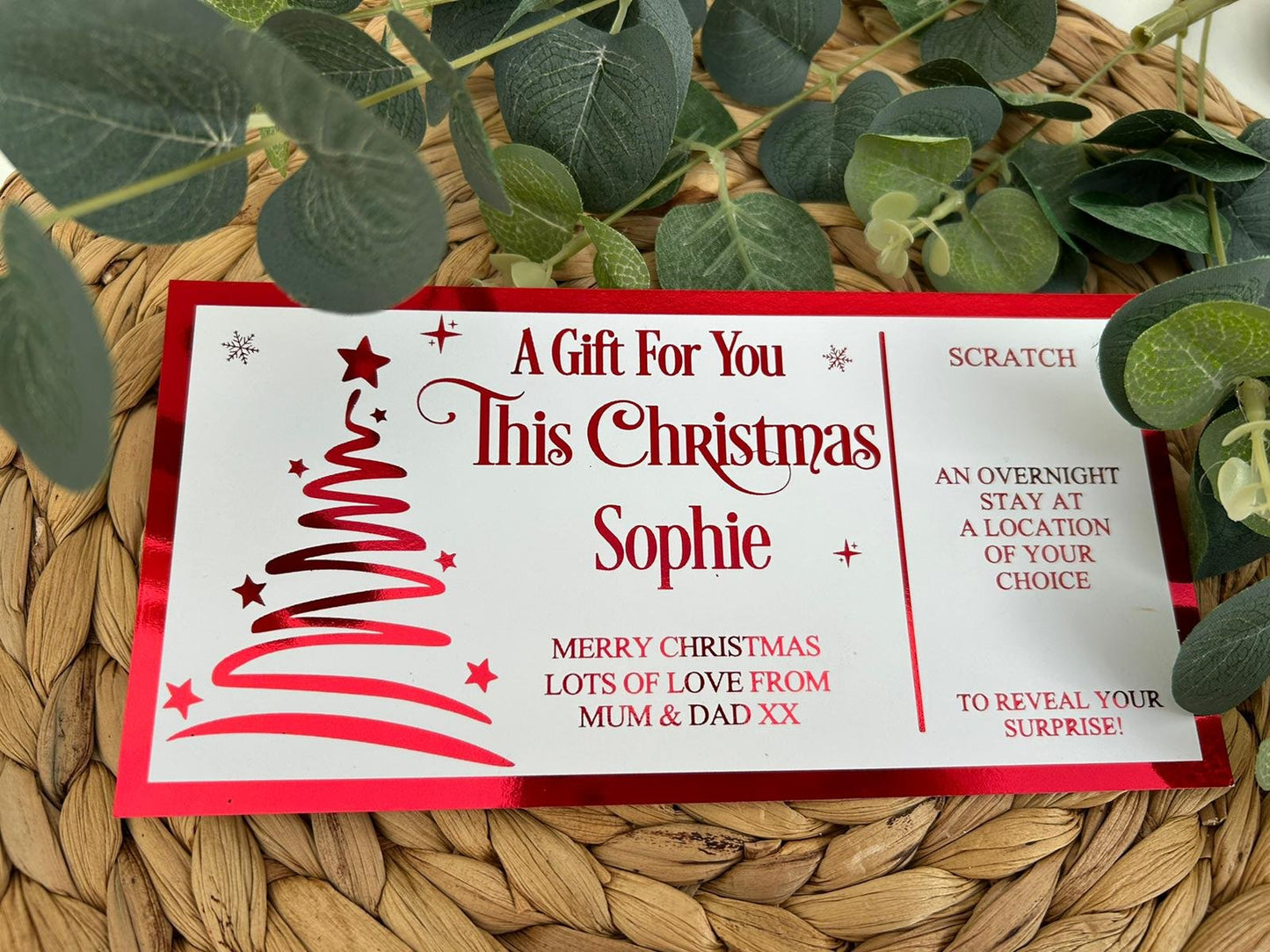 Personalised Foil Christmas Card, Surprise Reveal Scratch Off Ticket, Custom Holiday Greeting with Scratch-to-Reveal Message