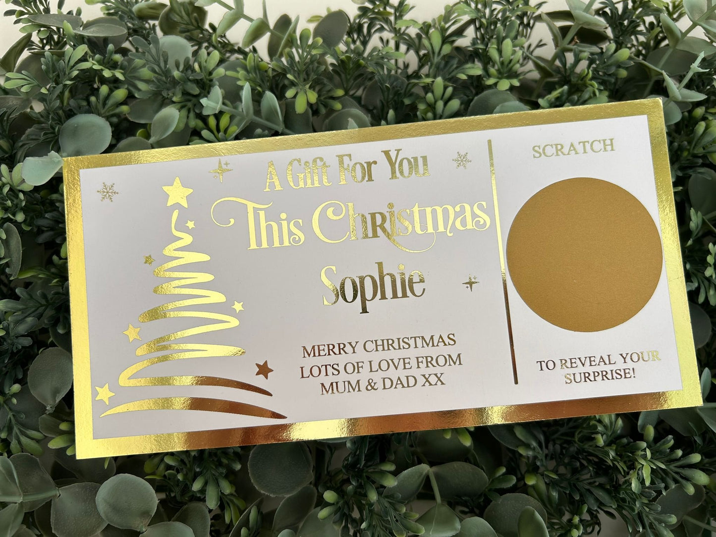 Personalised Foil Christmas Card, Surprise Reveal Scratch Off Ticket, Custom Holiday Greeting with Scratch-to-Reveal Message
