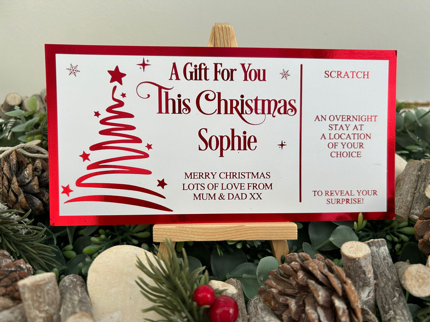 Personalised Foil Christmas Card, Surprise Reveal Scratch Off Ticket, Custom Holiday Greeting with Scratch-to-Reveal Message