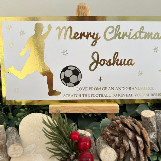 Personalised Foil Christmas Card, Football Surprise Reveal Scratch Off Ticket, Custom Holiday Greeting with Scratch-to-Reveal Message