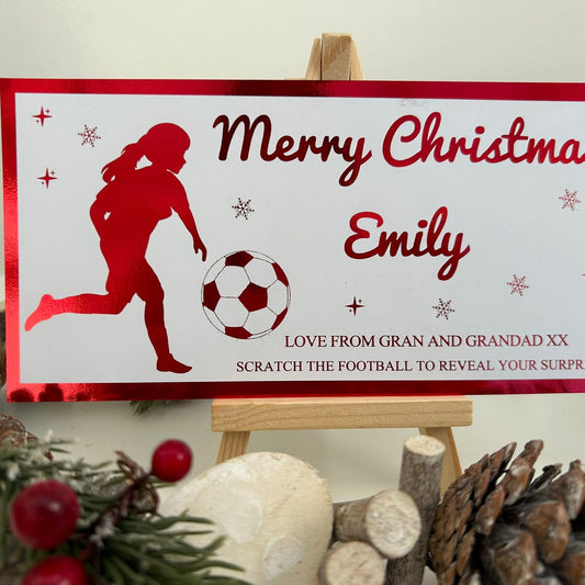 Personalised Foil Christmas Card, Football Surprise Reveal Scratch Off Ticket, Custom Holiday Greeting with Scratch-to-Reveal Message