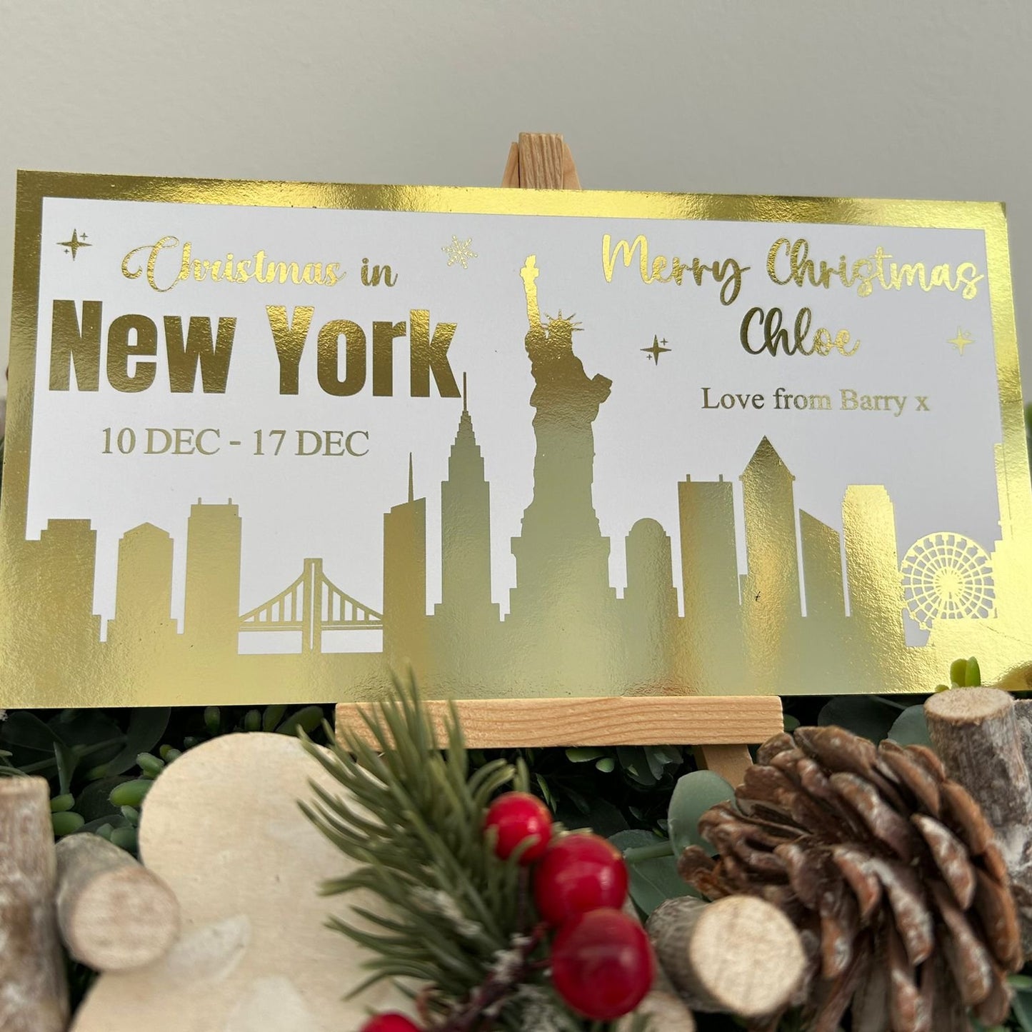 Personalised Christmas Foil Ticket Travel Voucher New York