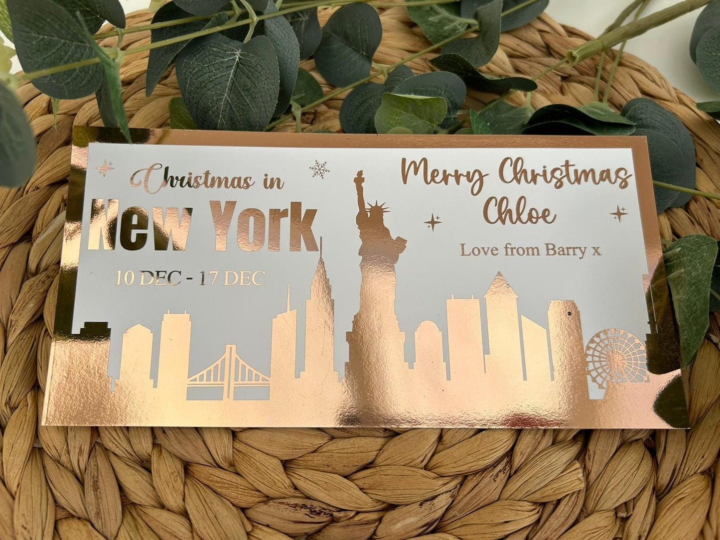 Personalised Christmas Foil Ticket Travel Voucher New York