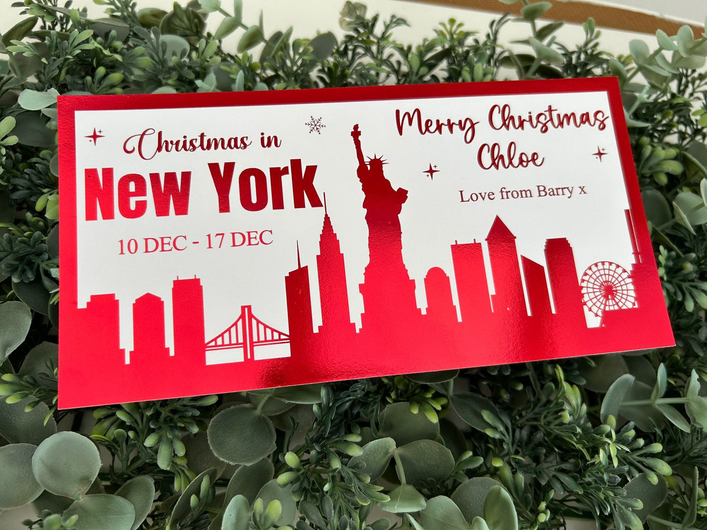 Personalised Christmas Foil Ticket Travel Voucher New York