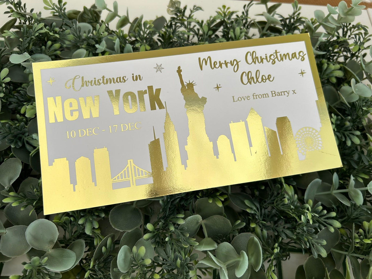 Personalised Christmas Foil Ticket Travel Voucher New York