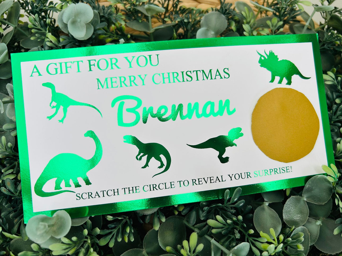 Personalised Foil Christmas Card, Surprise Reveal Scratch Off Ticket, Dinosaurs