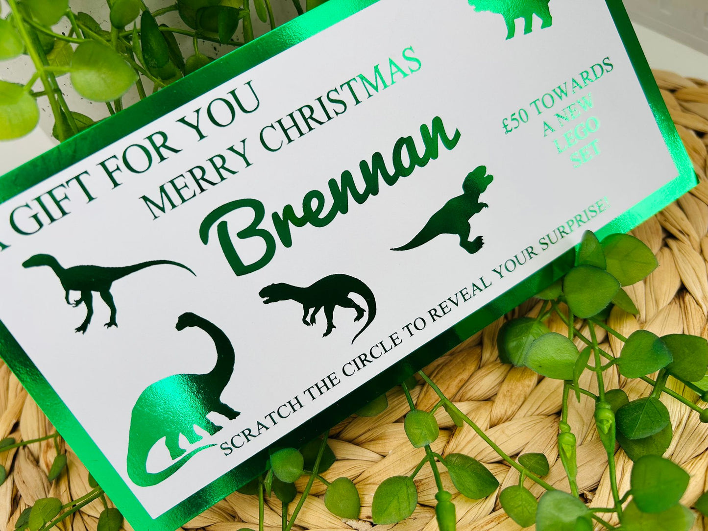 Personalised Foil Christmas Card, Surprise Reveal Scratch Off Ticket, Dinosaurs