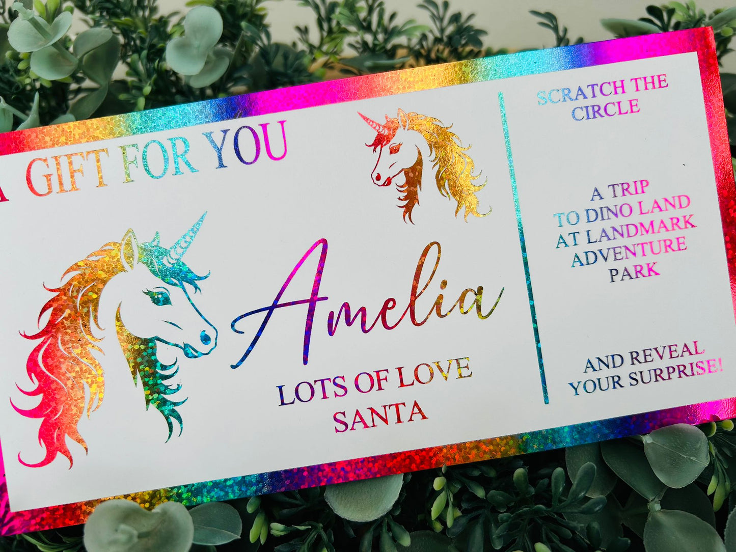 Personalised Foil Christmas Card, Surprise Reveal Scratch Off Ticket, Unicorn