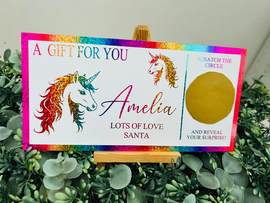 Personalised Foil Christmas Card, Surprise Reveal Scratch Off Ticket, Unicorn