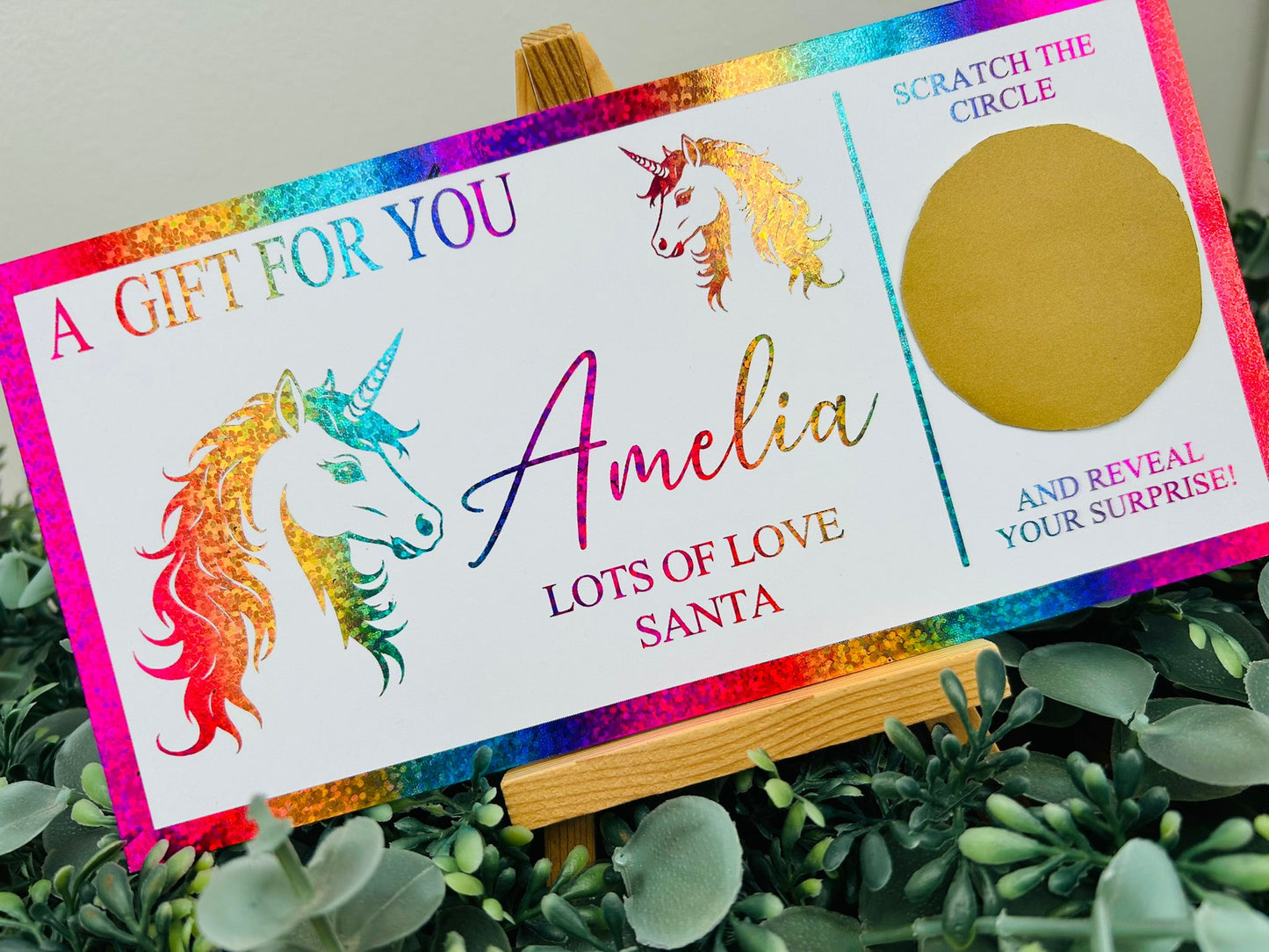 Personalised Foil Christmas Card, Surprise Reveal Scratch Off Ticket, Unicorn