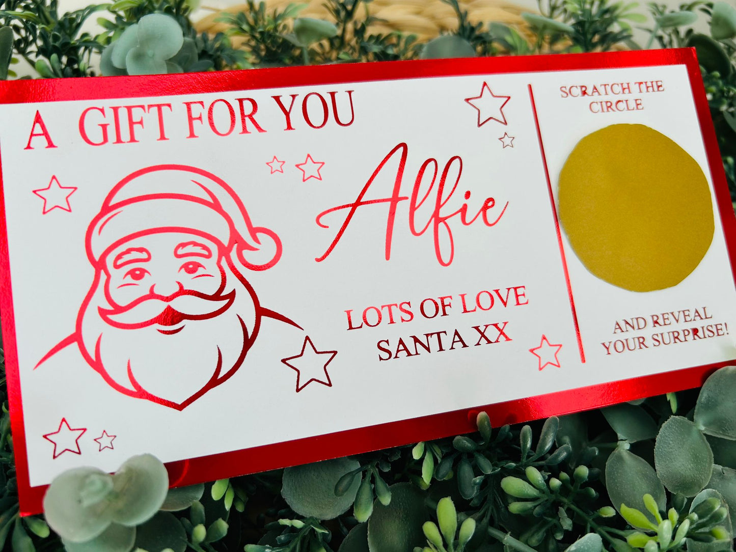 Personalised Foil Christmas Card, Surprise Reveal Scratch Off Ticket, Santa Claus