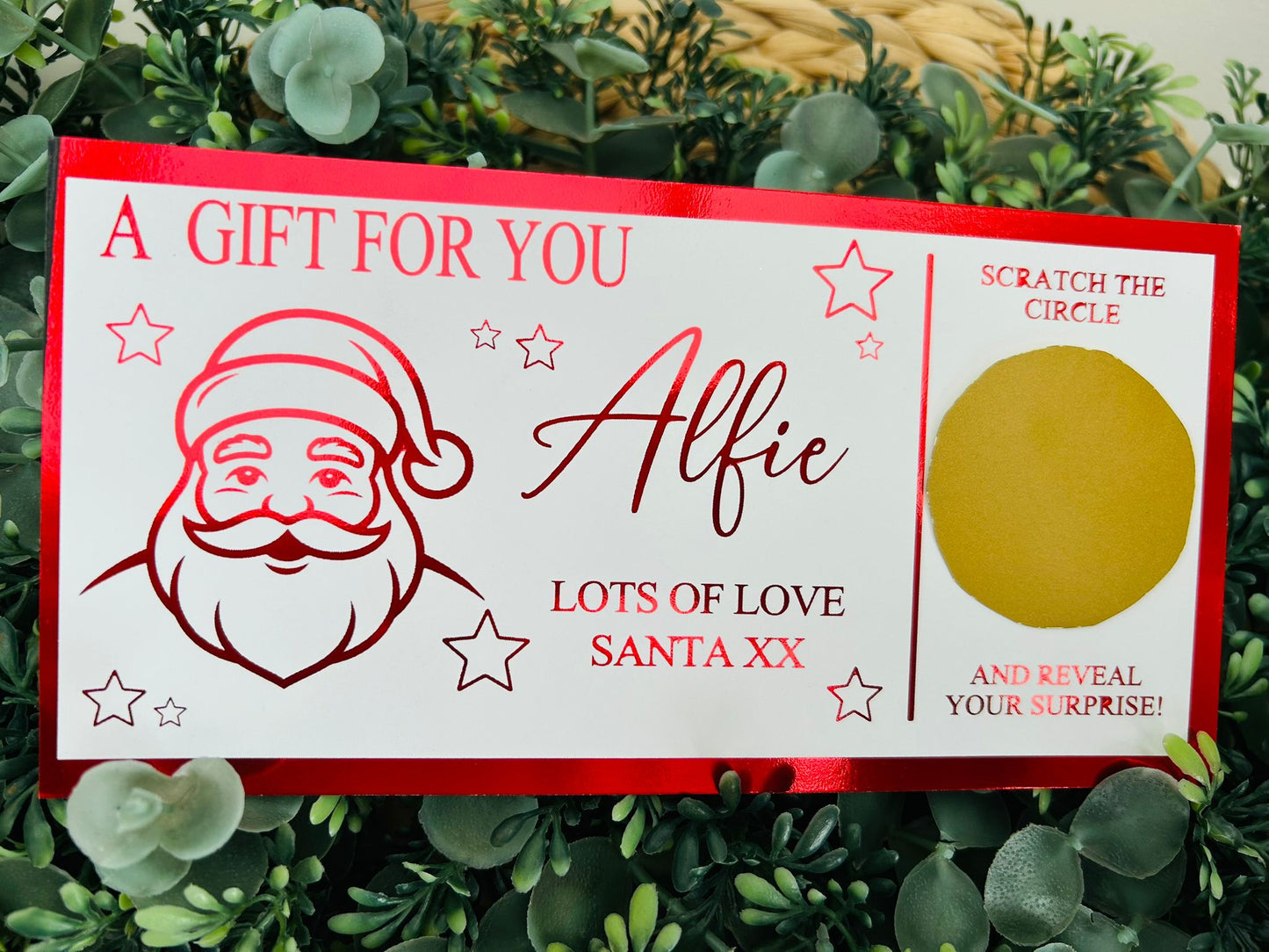 Personalised Foil Christmas Card, Surprise Reveal Scratch Off Ticket, Santa Claus