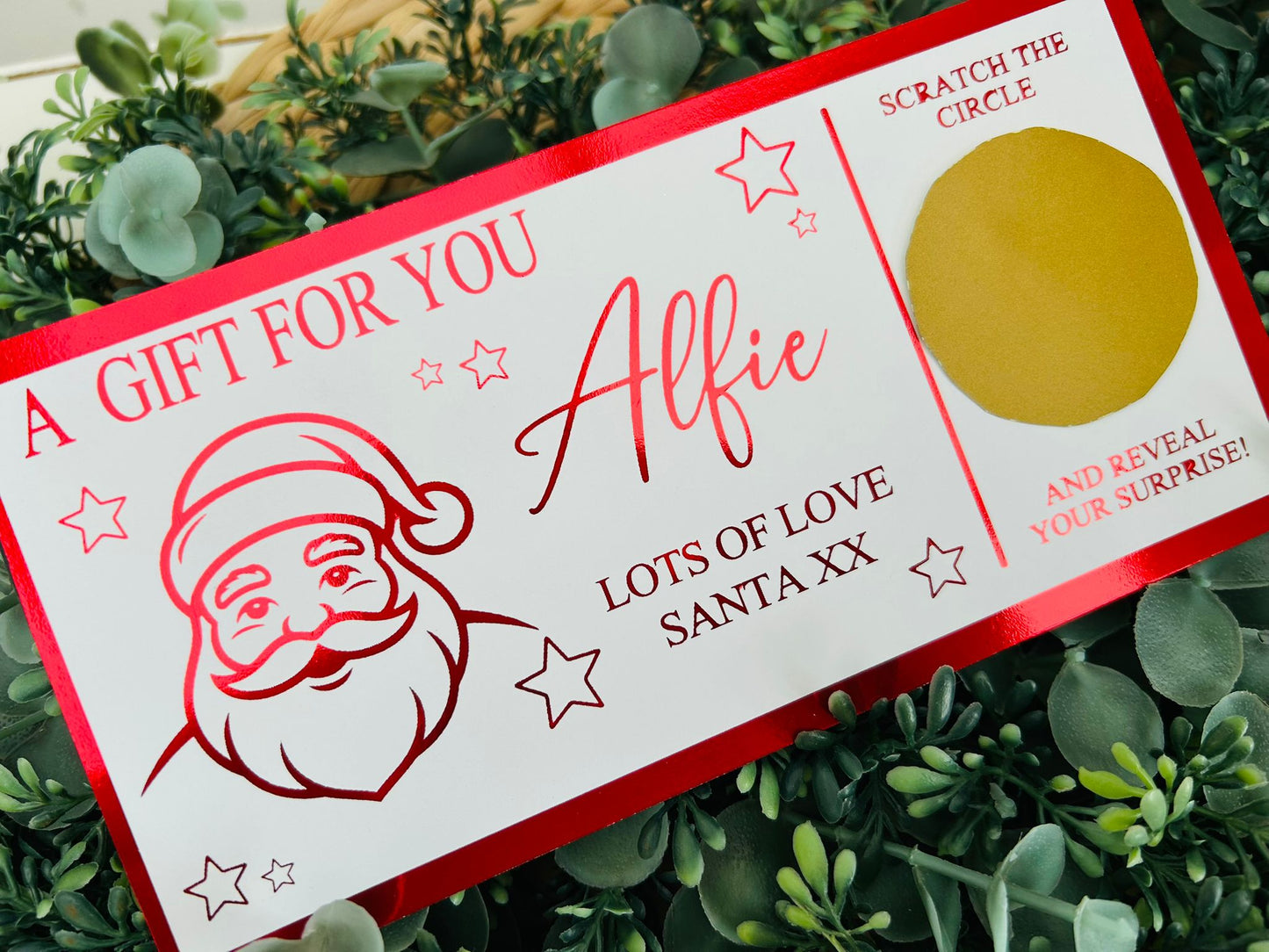 Personalised Foil Christmas Card, Surprise Reveal Scratch Off Ticket, Santa Claus