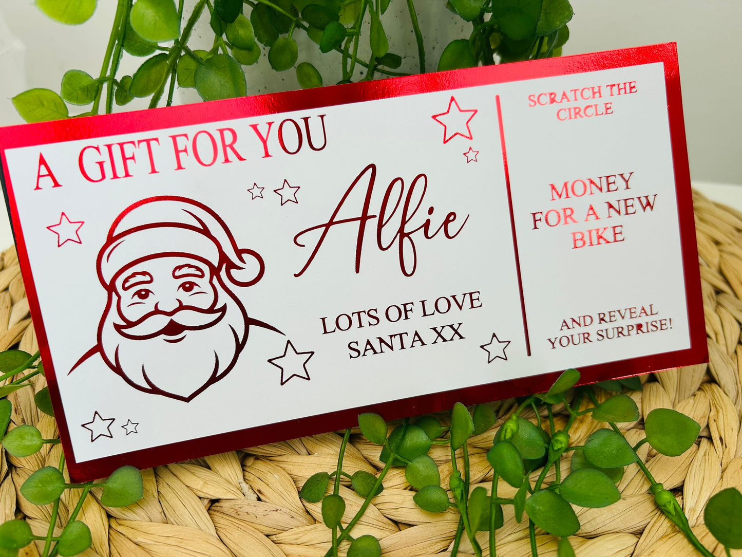 Personalised Foil Christmas Card, Surprise Reveal Scratch Off Ticket, Santa Claus
