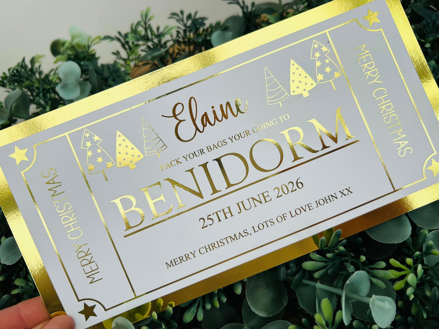 Personalised Foil Christmas Card, Surprise Reveal Holiday, Day Out, Lunch