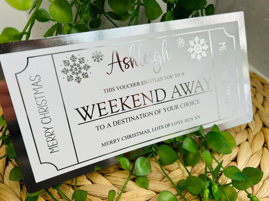 Personalised Foil Christmas Card, Foil Voucher Holiday, Day Out, Weekend Away