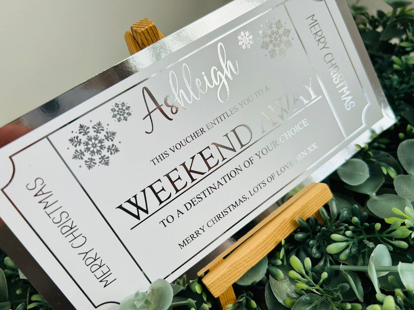 Personalised Foil Christmas Card, Foil Voucher Holiday, Day Out, Weekend Away