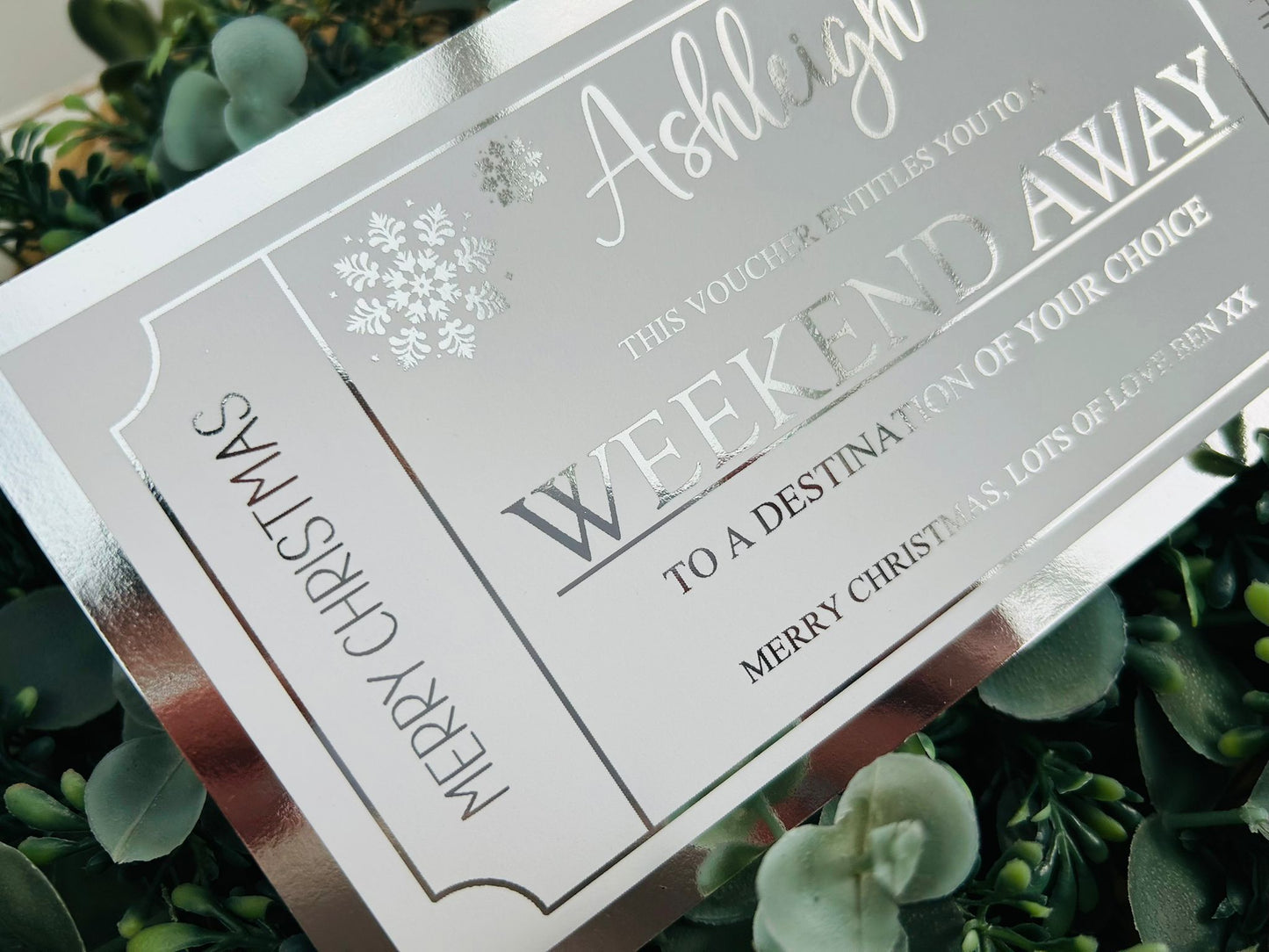 Personalised Foil Christmas Card, Foil Voucher Holiday, Day Out, Weekend Away