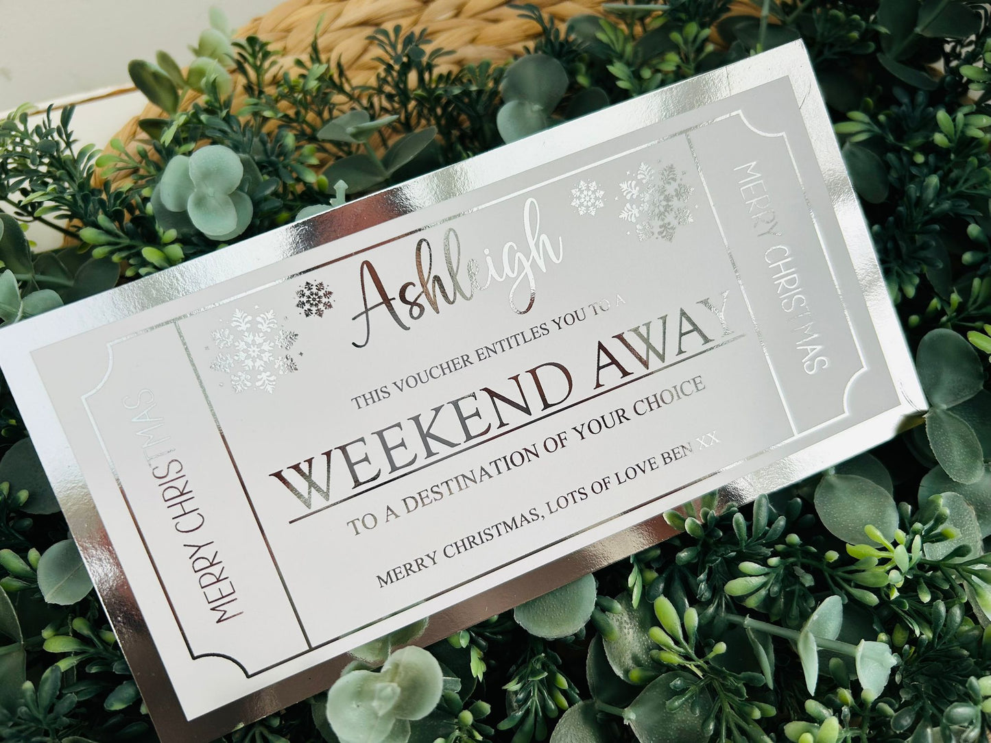 Personalised Foil Christmas Card, Foil Voucher Holiday, Day Out, Weekend Away
