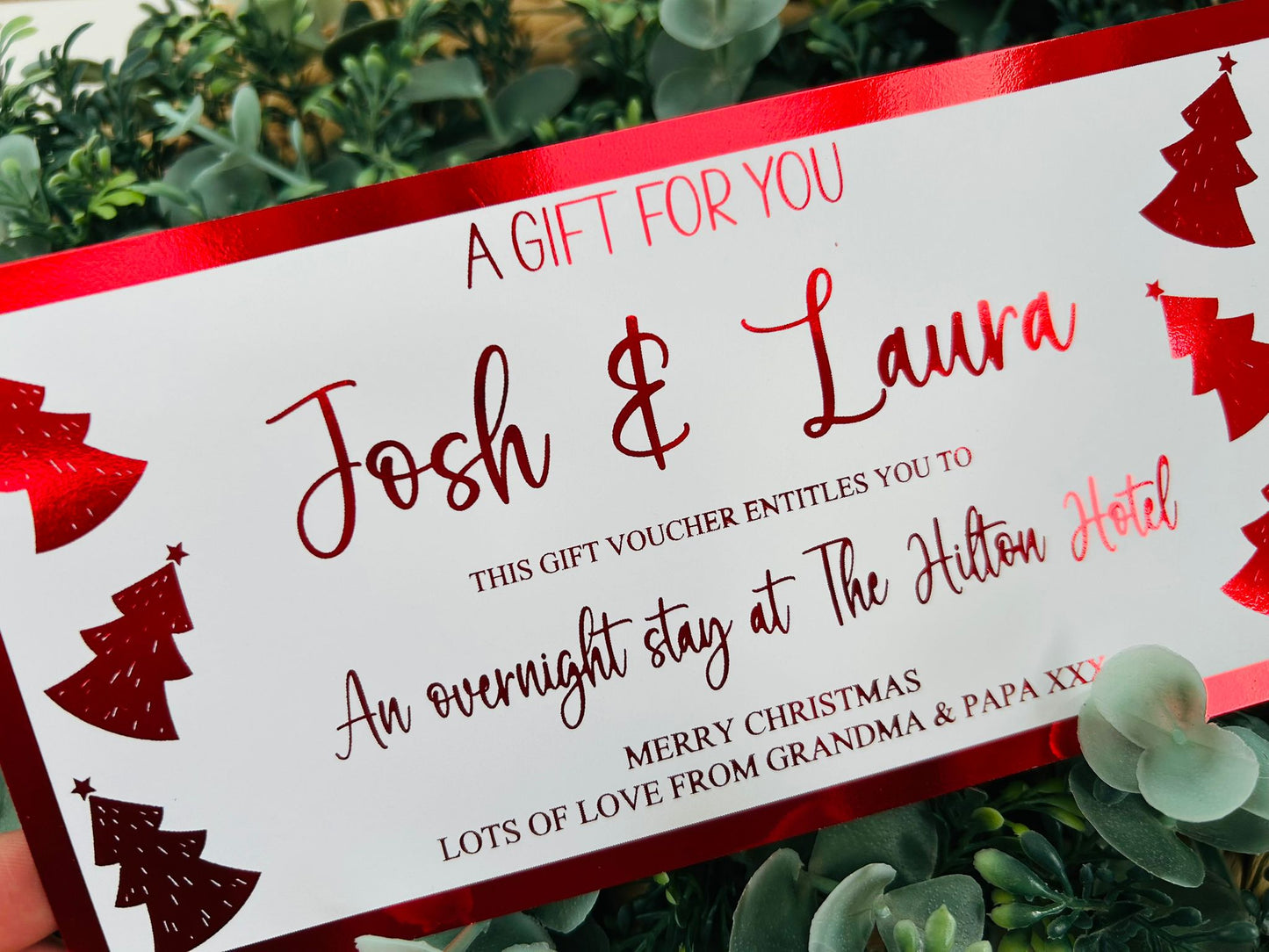 Personalised Foil Christmas Card, Surprise Foil Voucher Overnight Stay, Weekend Away