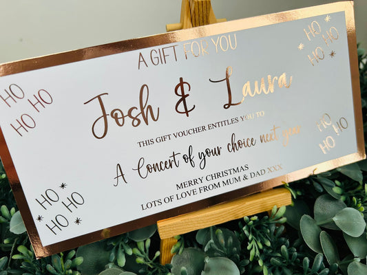 Personalised Foil Christmas Card, Surprise Foil Voucher Concert, Meal for 2