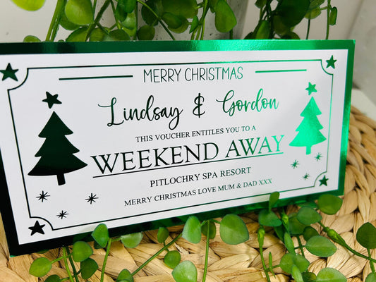 Personalised Foil Christmas Card, Surprise Foil Voucher Weekend Away, Overnight Stay