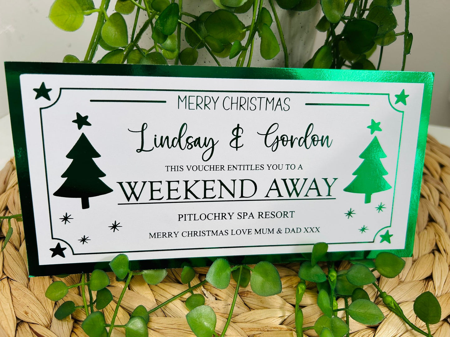 Personalised Foil Christmas Card, Surprise Foil Voucher Weekend Away, Overnight Stay